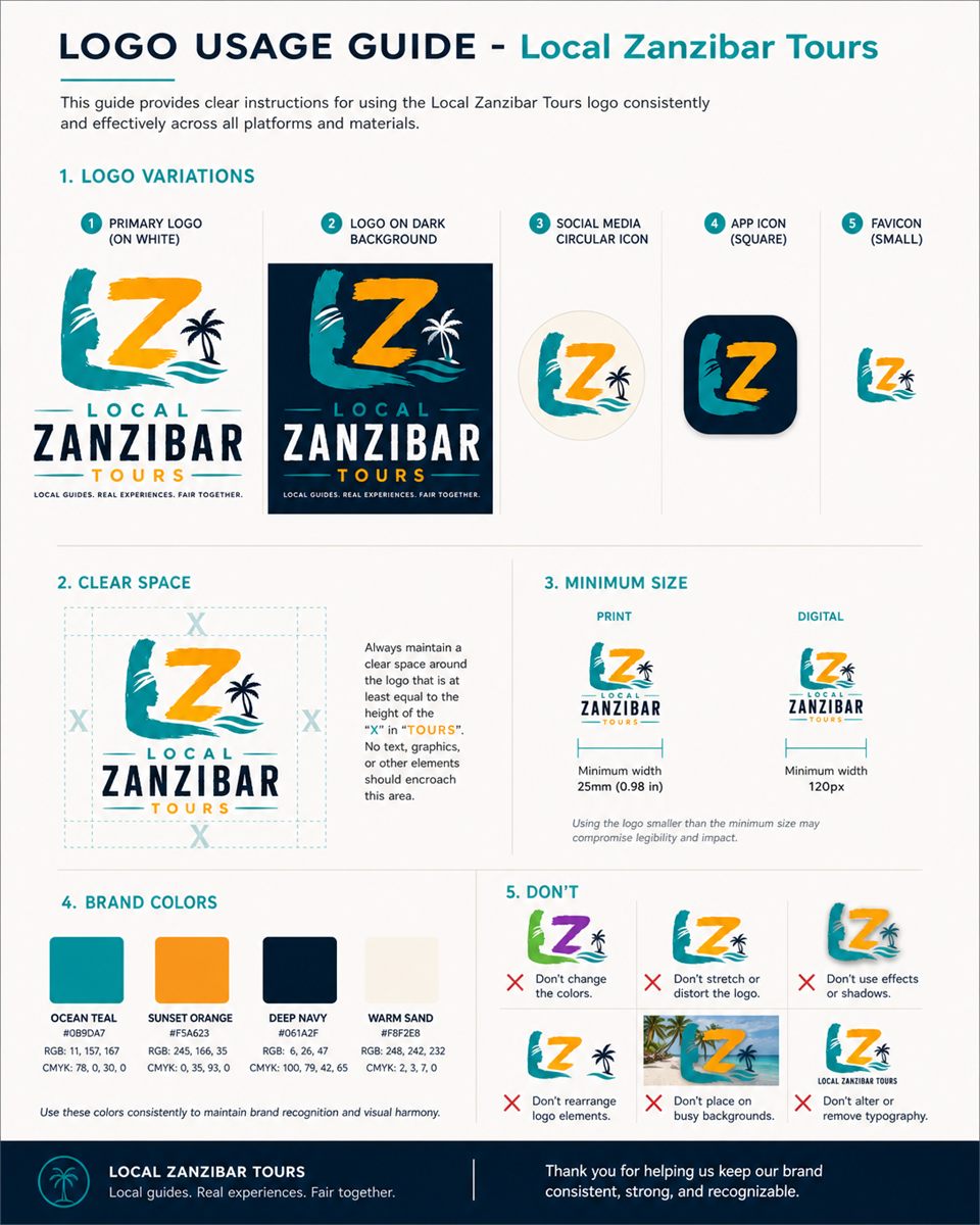 De logogids van Local Zanzibar Tours: varianten, vrije ruimte, minimale maat en merkkleuren