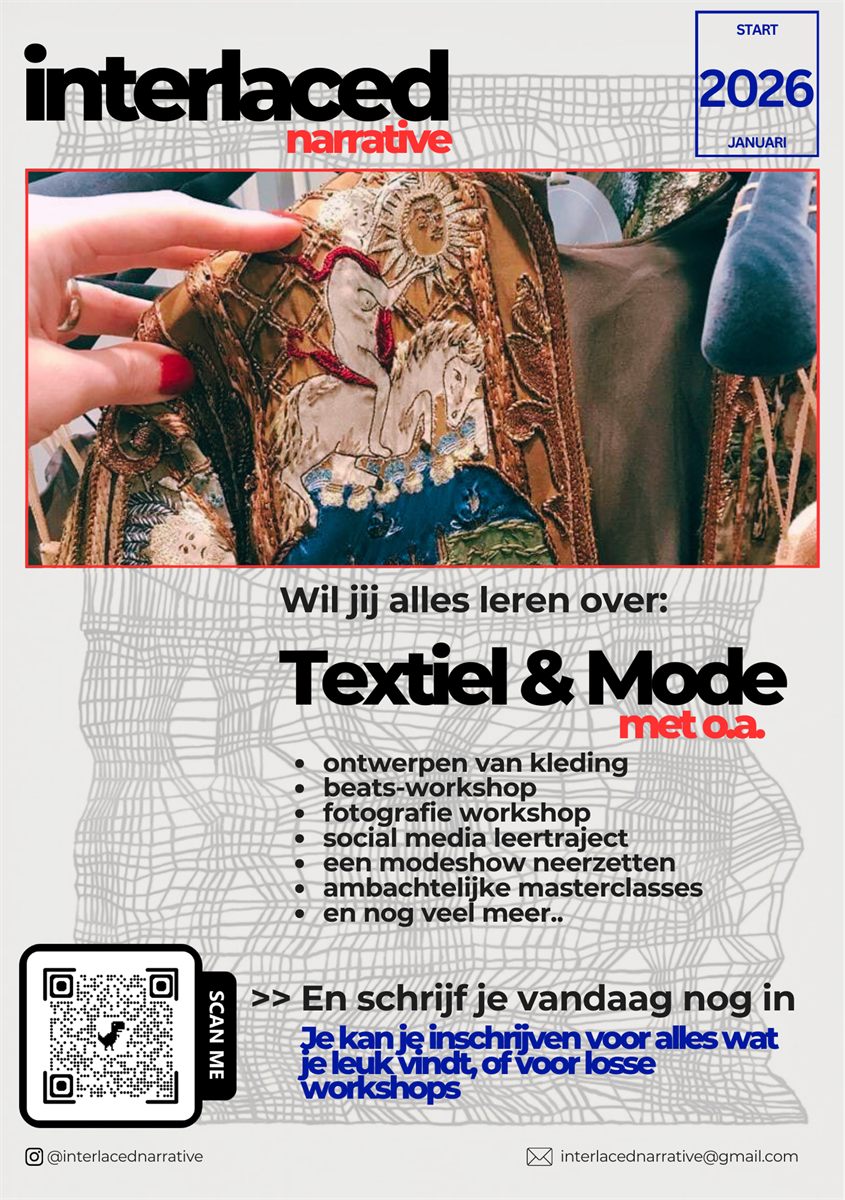 De flyer van Interlaced Narrative over textiel en mode
