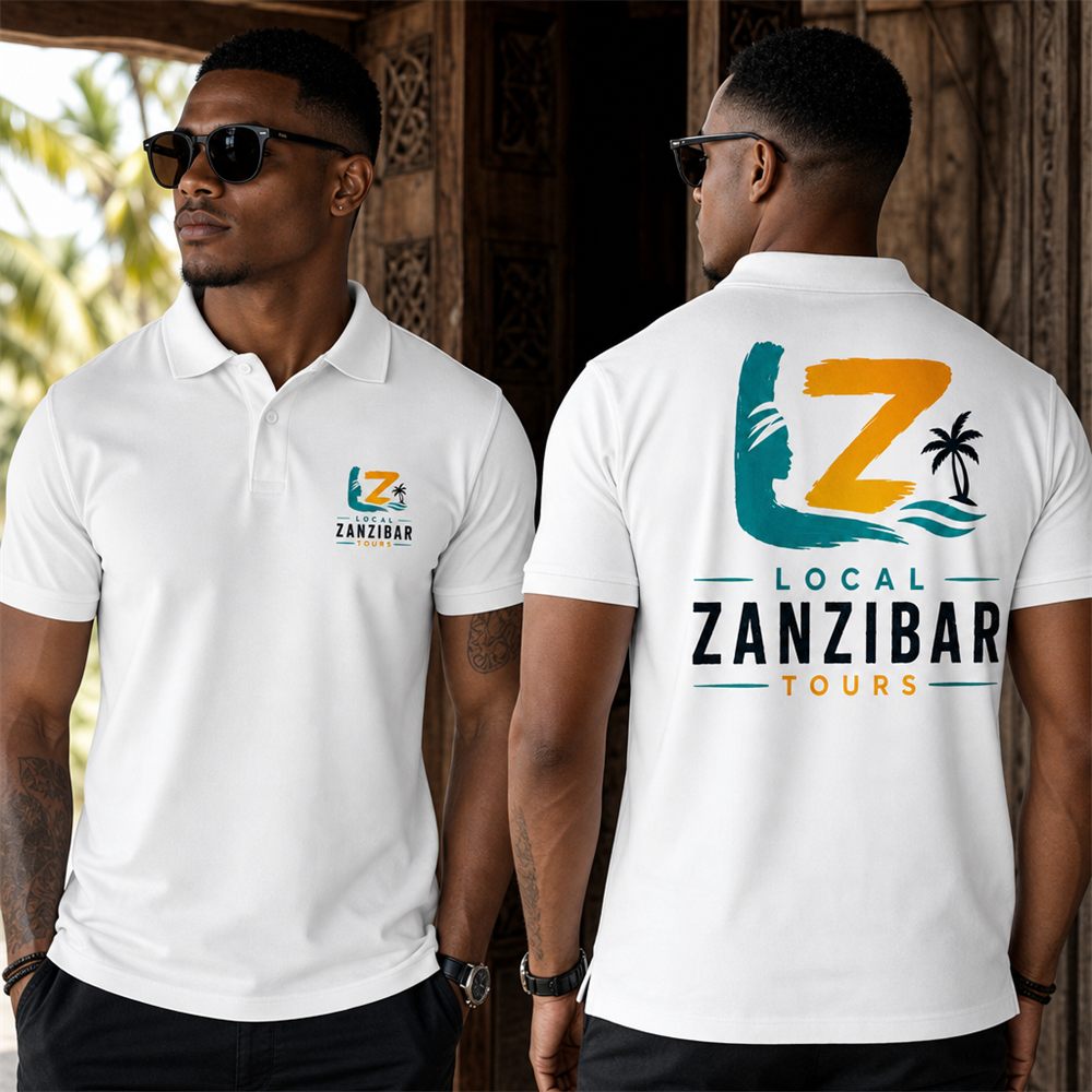 De witte polo van Local Zanzibar Tours, voor- en achterkant