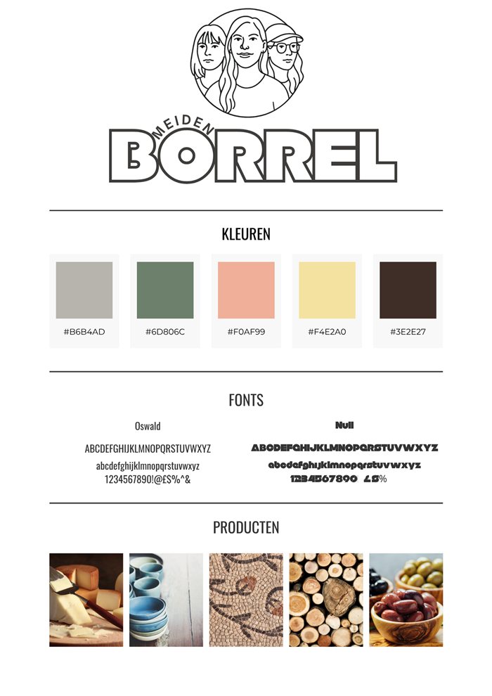 Branding moodboard voor Borrelmeiden: logo met drie geïllustreerde gezichten, kleurenpalet en lettertypes
