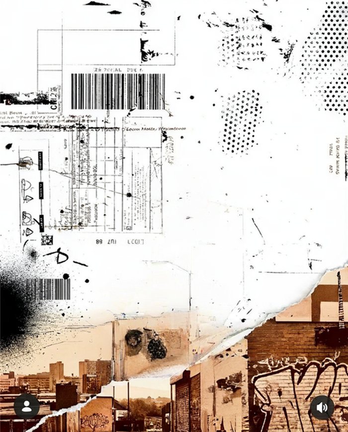 Vrije collage met barcodes, gescheurd papier en een sepia stadsgezicht met graffiti